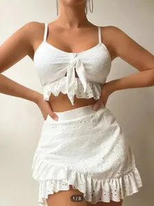 Women's Beachwear Bikini Set, Three-Piece Swimsuit Design, Conservative Style Swimwear for Women, Ideal for Casual Summer, Plain Bikini Set