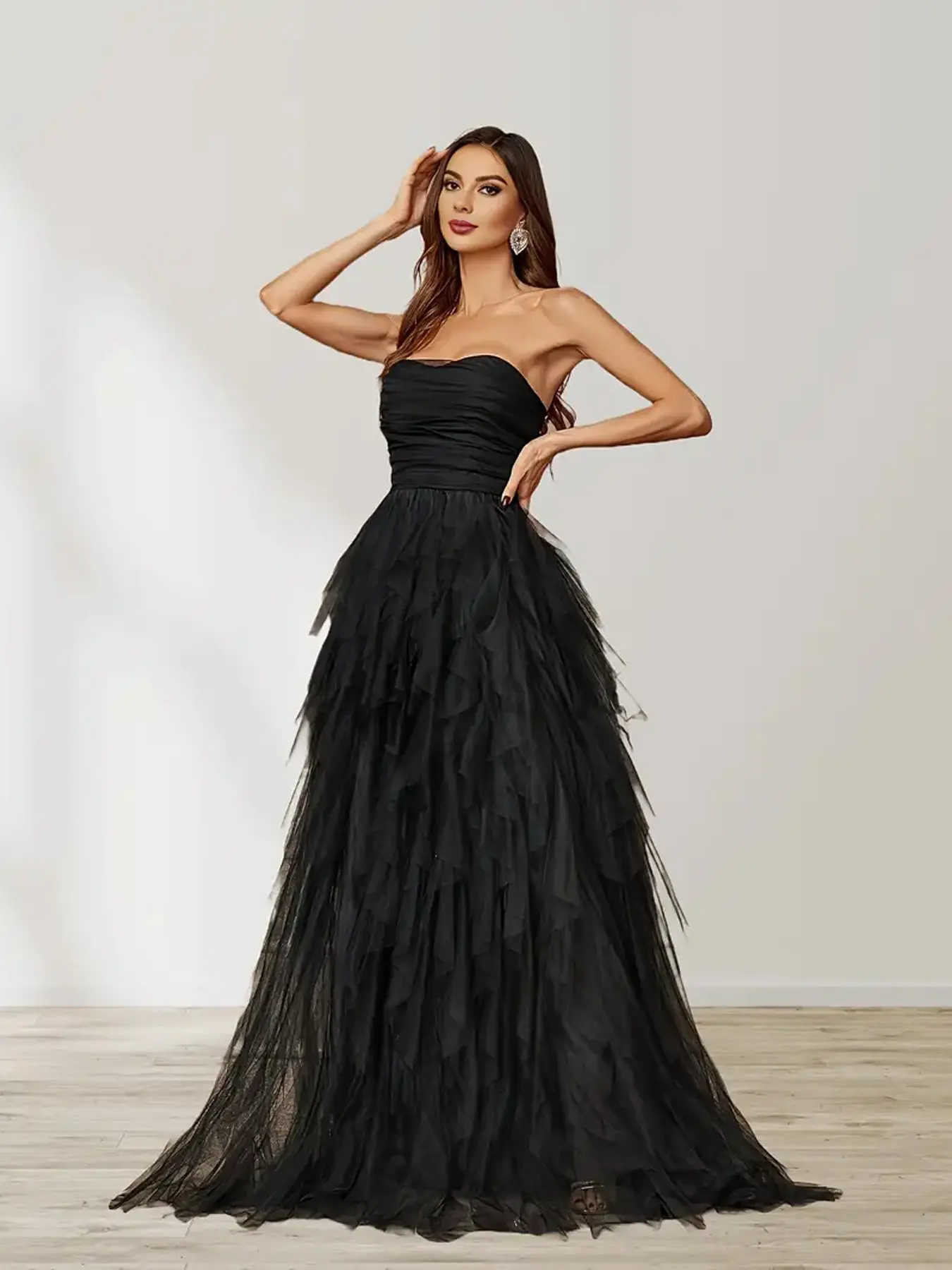 Women's Elegant Strapless Mermaid Gown, Layered Mesh Bodycon Formal Dress for Cocktail and Birthday Parties, Anniversary, Hand Wash Only, Do Not Dry Clean, All Seasons, Floor Length, Formal Wear, Evening, Sleeveless, Mesh Layers, Fitted, High-End Dinners