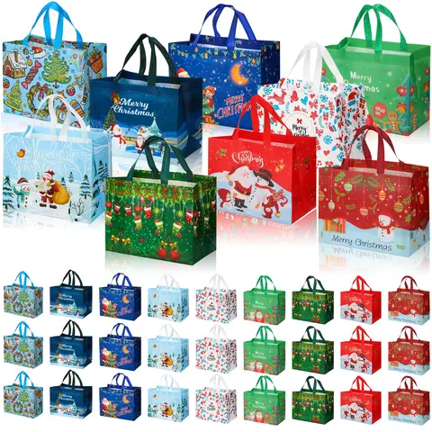 48 Pcs Christmas Reusable Non-Woven Gift Bag Set with Carry Handle - Colorful Christmas, Happy Christmas, Galentine's Day Multifunctional Wrapping Goodie Bags for Friends, Office Colleagues - Festive & Party Supplies