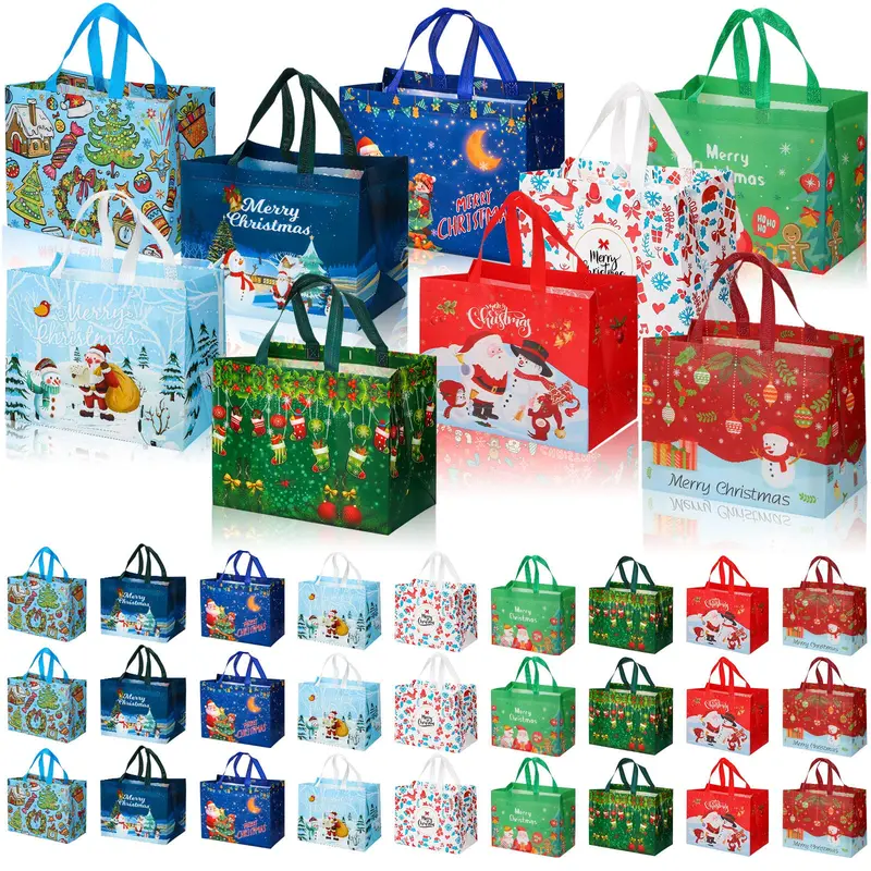 48 Pcs Christmas Reusable Non-Woven Gift Bag Set with Carry Handle - Colorful Christmas, Happy Christmas, Galentine's Day Multifunctional Wrapping Goodie Bags for Friends, Office Colleagues - Festive & Party Supplies