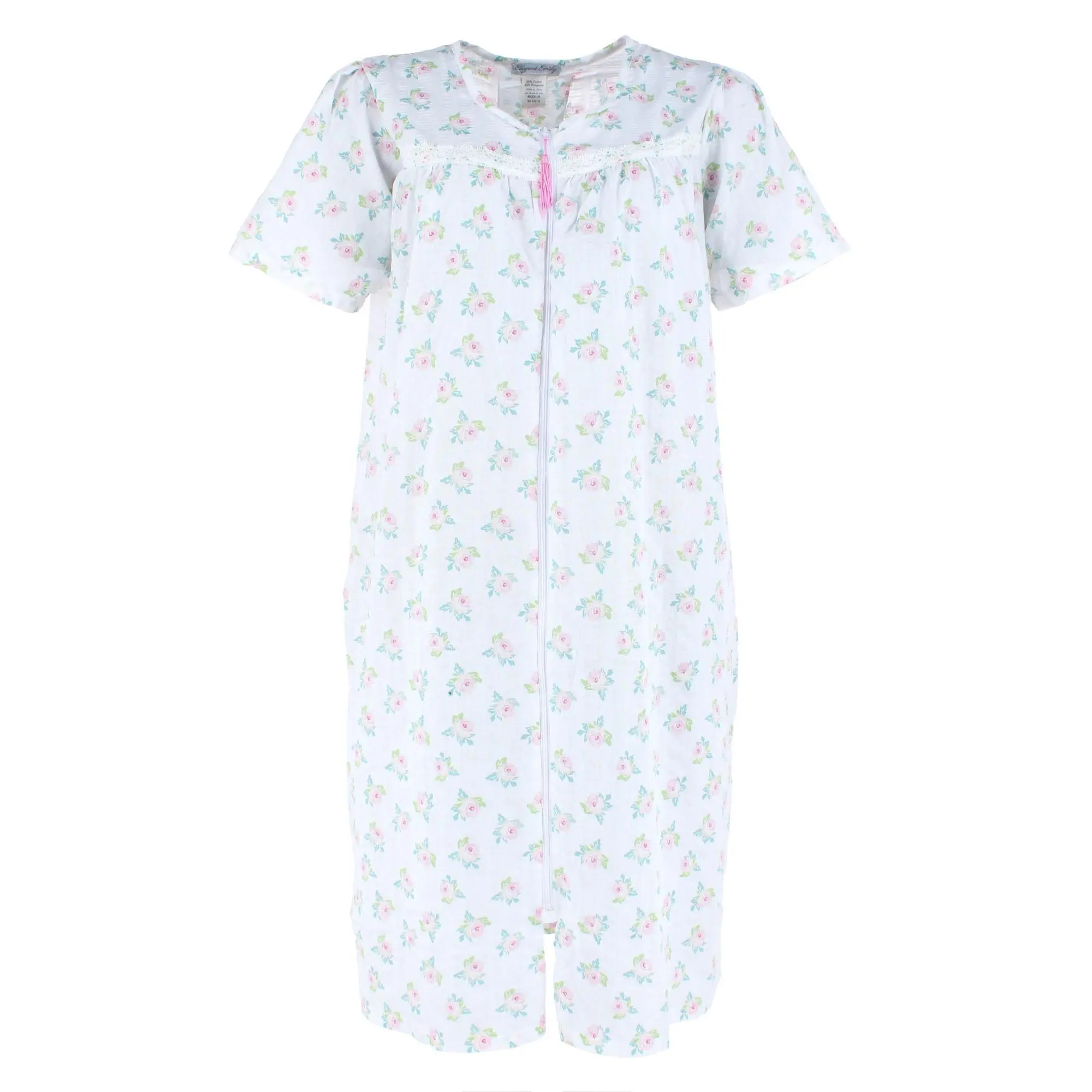 Elegant Emily Women's Smocked Spring Floral Duster Gown, Nightshirts, Zipper, Lace, Robe