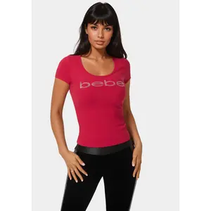 Bebe Logo Short Sleeve Round Neck Rib Top Bebe Logo Short Sleeve Round Neck Rib Top