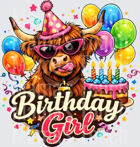 Highland Cow Birthday Girl with Party Hat Balloons and Cake