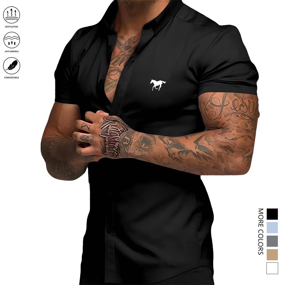Men's slim-fit short-sleeved shirt - Lightweight summer shirt with single-button flap design, simple style, suitable for business casual and daily outings | Durable, easy to care for, classic collar, office attire, modern style, easy-care material,summerv
