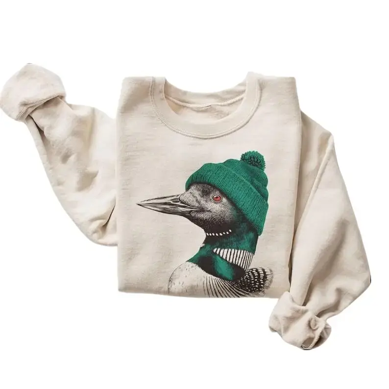 Retro 90s Graphic Sweatshirt with Loon Birdwatching Print, Unisex Casual Round Neck Cotton Polyester Top