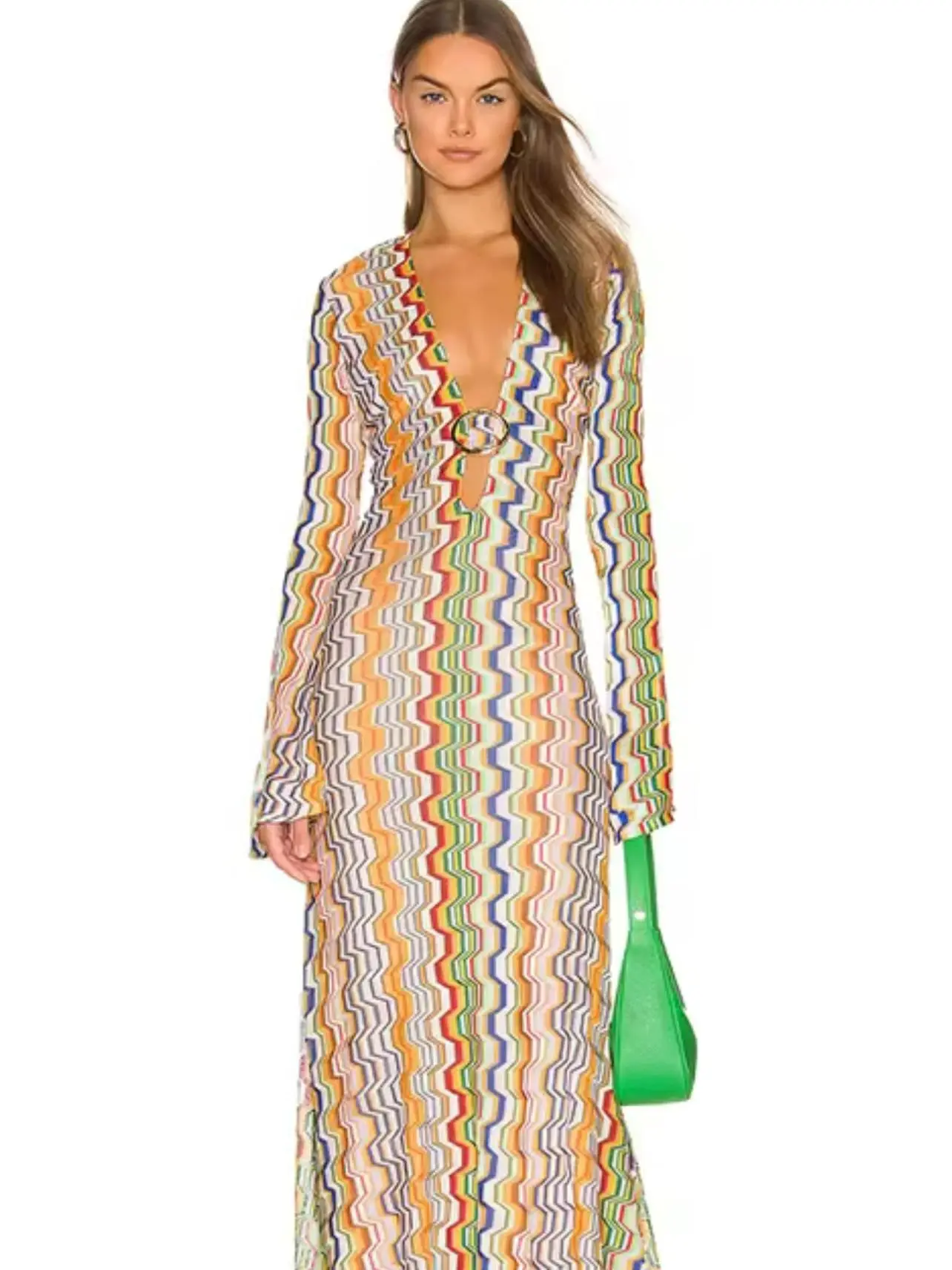 That 70's Geo Dress - Deep V Neck Maxi Dress with Long Bell Sleeves, Geometric Print, Fit & Flare Style, Hand Wash Only, Summer Wear