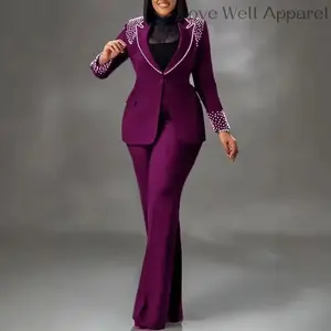 Purple Two - Piece Suit Women's Fashion Trend, Pearl - Embellished Blazer & Flared Trousers, Ideal for Stylish Outings Womenswear Basic Chic Elegant(Sheets)