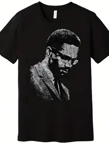 1 Piece, 100% Cotton, Malcolm X Black And White Portrait Pattern Printed T-Shirt, Spring And Summer Casual Men's T-Shirt, Round Neck Cotton Short-Sleeved T-Shirt, Thanksgiving Christmas Gift.