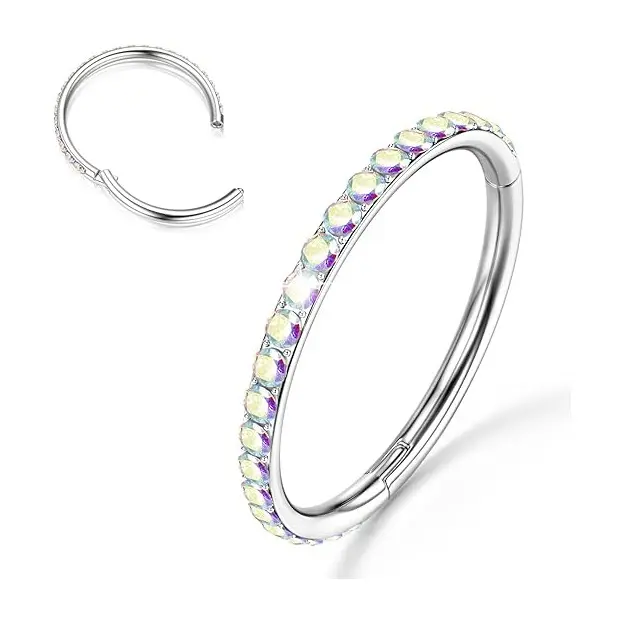 18G CZ Titanium Nose Ring Hinged Clicker Ring Septum Conch Helix Cartilage Piercing Daith Hoop Earrings Jewelry Rainbow Colorful trendy Aurora 8mm