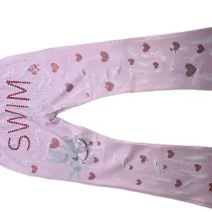 SWIM Rhinestone Cupid Stacked Sweatpants Pink Hearts Edition with Angel Design and Glitter Hearts