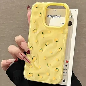 A protective case with a yellow lemon pattern design, featuring a wrinkled texture. This phone case is suitable for various iPhone models including 16/15/14/13/12/11 Pro Max/Plus. It's a popular birthday gift and business gift, durable and brand new, suit