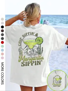 Women's Margarita Print Round Neck Tee, Casual Short Sleeve T-shirt for Daily Wear, Ladies Sleepwear for All Seasons, Top