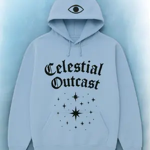 Celestial Outcast Hoodie - Light Blue with Eye and Star Design for unisex