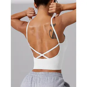 Single-Pack Light Blue Women's Backless Yoga Sports Bra with Crisscross Straps - Comfortable, Slimming, Stretchy Nylon/Elastane Blend, Removable Pads, V-Neck for All-Season Fitness & Casual Wear Exercise Gymclothes