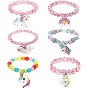 KF5-HBL01  Set of 6 Unicorn Rainbow Bracelets, Little Girl Animal Bracelets, Teens Kids Unicorn Pendant Beaded Bracelet Girl Party Favor Pretend Play Bracelet