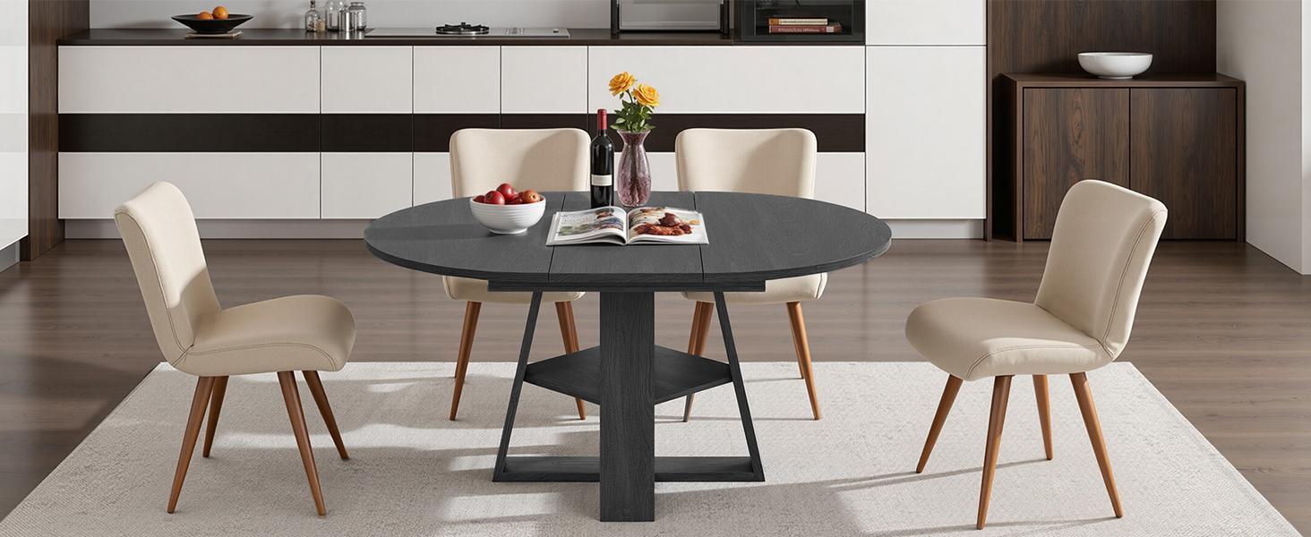 43.3‑59 in Extendable Oval Dining Table for 4‑6, Engineered Wood Round Dining Table with Hidden Extension Storage & Bottom Shelf, Space‑Saving Modern Kitchen Living Room Tables (Walnut)