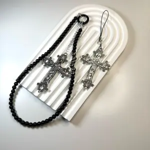 Black Gothic Vintage Silver Cross Phone Charm Strap with Beaded Chain Accessory for Stylish Cellphone Decoration