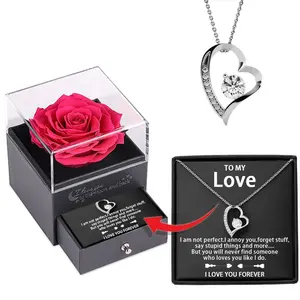 【Mother’s Day】 Exquisite Rose Gift Box with Love Heart Pendant Necklace Gift for Mom, Wife, Soulmate, Daughter. Birthday Gift, with Message Card