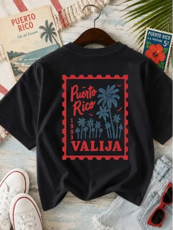 Puerto Rico Island Stamp Print Short Sleeve T-Shirt Women'S Summer Loose Round Neck Casual Top Vacation Style Palm Tree Pattern All-Match Top