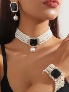 Women's Elegant Artificial Crystal & Faux Pearl Decor Choker & Earrings & Bracelet, Exquisite Trendy Jewelry Set, Fashionable Accessories for Party & Daily Clothing Decor