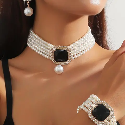 Women's Elegant Choker & Earrings & Bracelet, Exquisite Trendy Artificial Crystal & Faux Pearl Decor Jewelry Set, Fashionable Accessories for Parties & Daily Wear