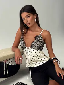 Women's Fashion Comfortable Fitted Lace Patchwork Front Tie Polka Dot Halter Top, Stylish Casual Summer Wear, Perfect for Daily, Chic, Womenswear Style