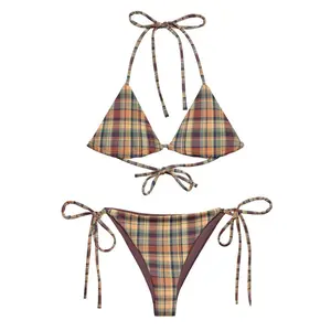 Preppy Bikini, Plaid Bikini Set in Earthy Tones, String Bikini Top, Plaid Bikini set