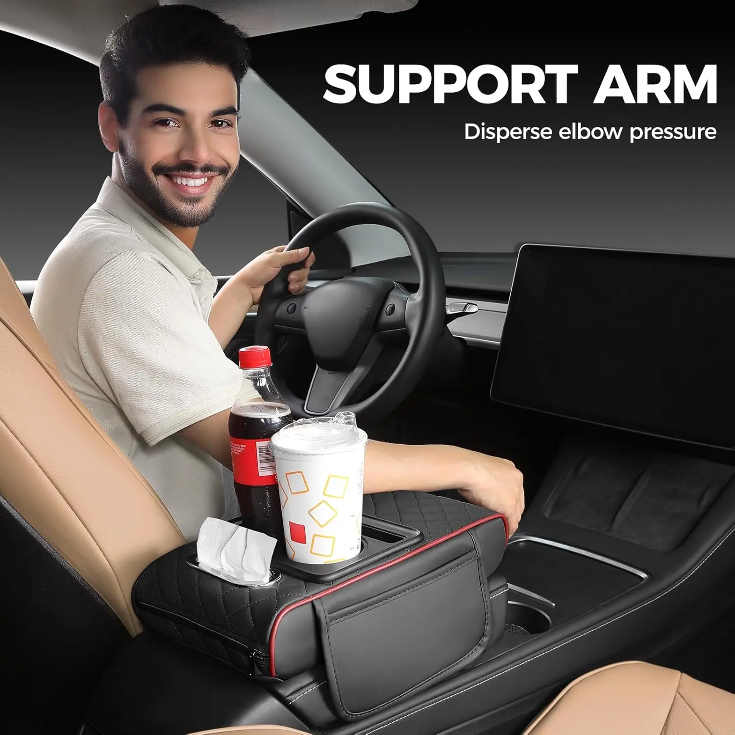 Housse Console Centrale Voiture Avec Support Téléphone Et Porte Gobelets - Coussin Accoudoir Multifonction