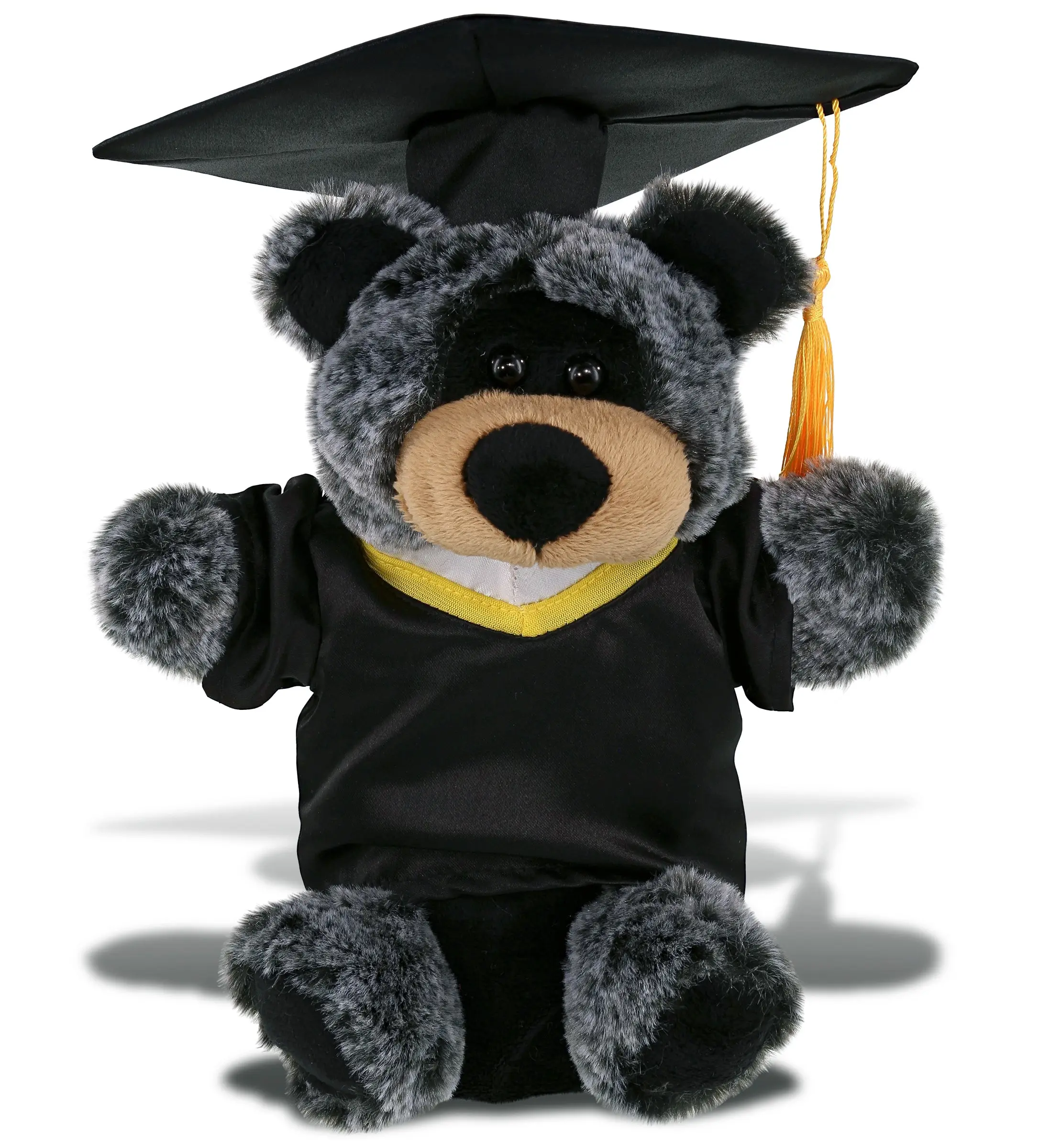 DOLLIBU 9-Inch Black Bear Graduation Stuffed Toy - Cuddly Polyester Plush with Gown, Cap, Tassel, 7lx4wx9h in, Unisex, Realistic Designs, Surface Wash with Cold Water, Black/Red/Blue Gift Bag Compatible, Ideal Personalized Gift for Graduates