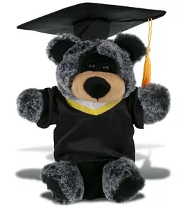 DOLLIBU 9-Inch Black Bear Graduation Stuffed Toy - Cuddly Polyester Plush with Gown, Graduation Cap, Tassel, 7lx4wx9h in Dimensions, Black/Red/Blue Gift Bag Compatible, Ideal Personalized Gift for Graduates
