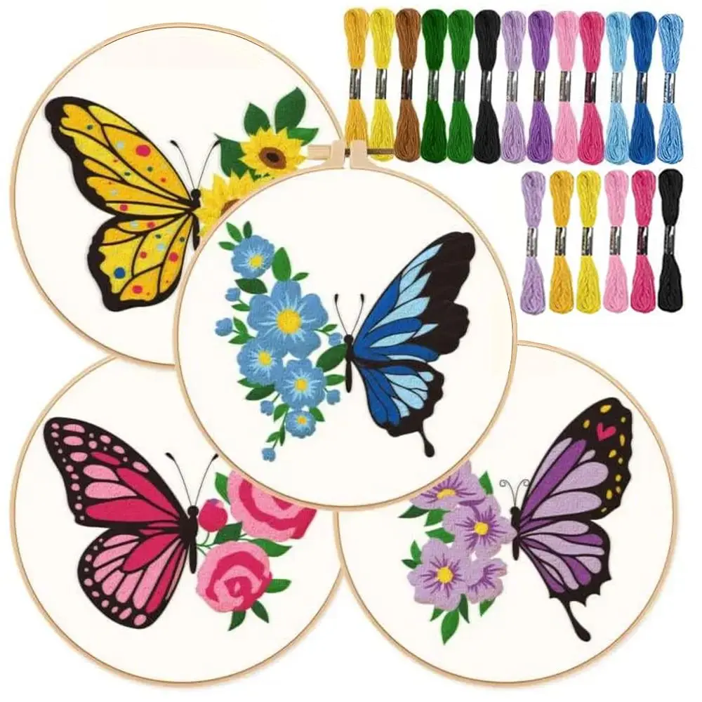 Butterfly & Floral Pattern DIY Embroidery Kit, 1 Set Including 4 Counts Embroidery Cloth, Embroidery Floss and More [Some Embroidery Tools Random Color]
