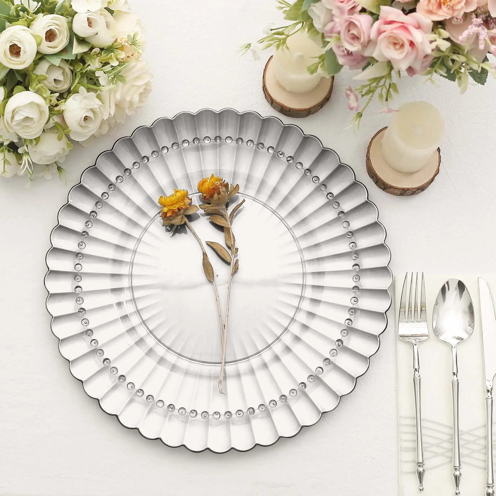 Disposable Plastic Charger Plates - 6-Pack 13" Round Silver Scalloped Shell Pattern Coastal Inspired Party Table Decor, Disposable Dinnerware, Easy to Wash, No Direct Food Contact, Not Dishwasher Friendly