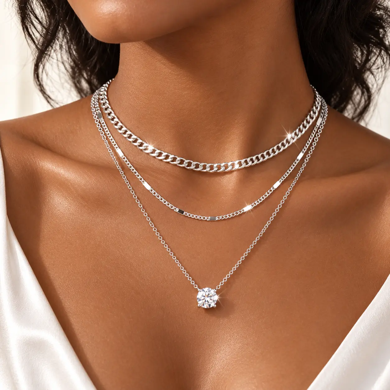 Women's Layered Gold-Silver Plated Nickel-Free Alloy Gemstone Necklace Stack - 16.5in Chunky Chain, 2in Extender, CZ Rhinestone Pendant, Waterproof Choker, Everyday Costume Jewelry, Birthday/Anniversary Gift, Fashion Accessories, Gold Plated Necklaces