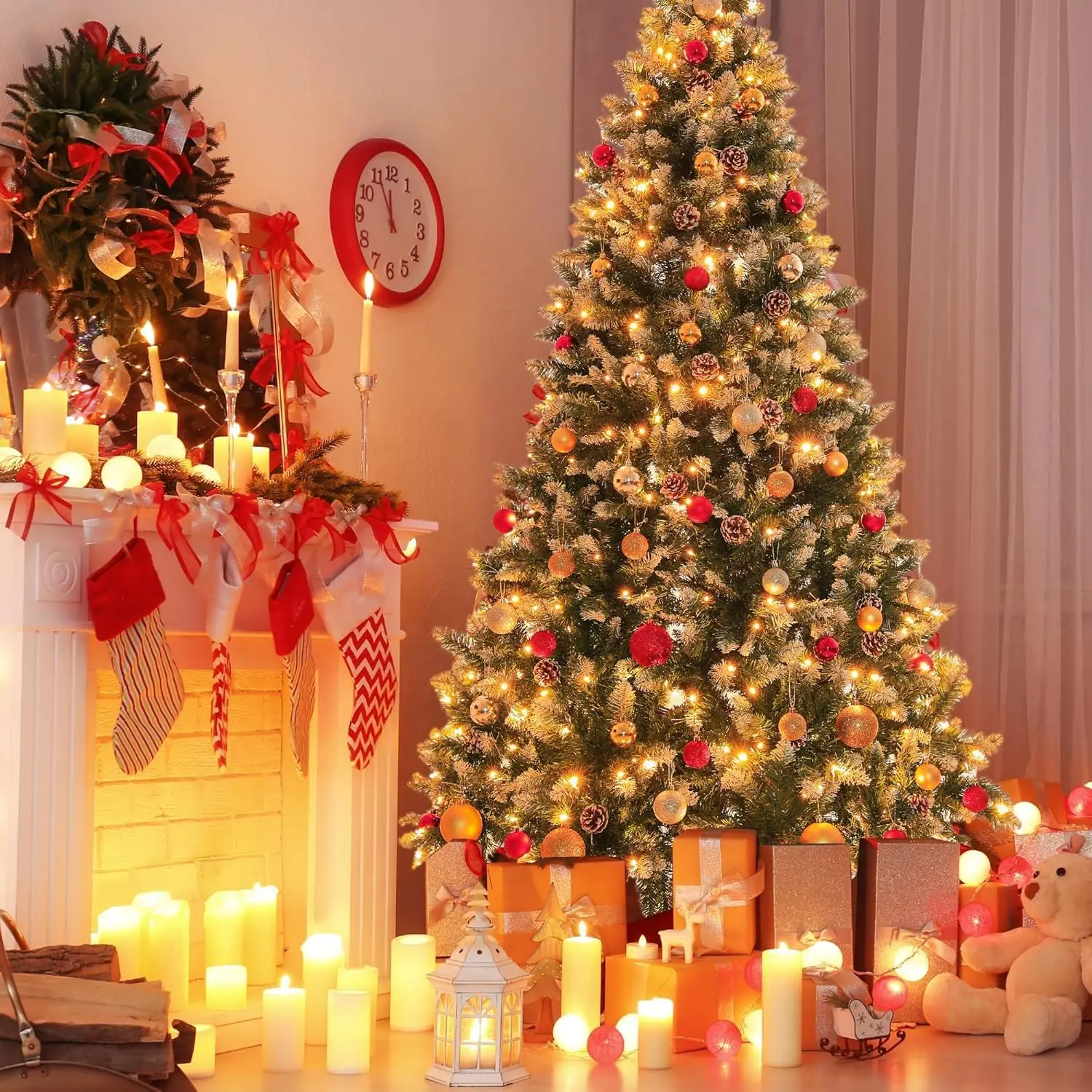 6 ft Pre-Lit Flocked PVC Artificial Christmas Tree - Classic Christmas Decor Home Supplies, Decorative Garland-Compatible, Hinged Branches, Pine Cones, Premium Metal Stand, Easy Install, Indoor Holiday Ornament-Friendly, Hangable