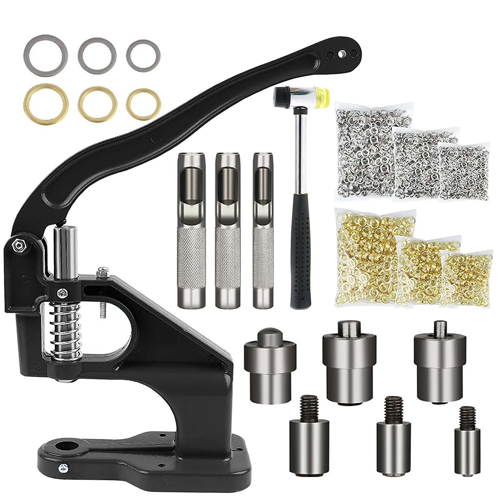 Cast Iron Black Hand Press Grommet Machine Kit - Tabletop Use with Multiple Dies, Grommets, Hammer, Snaps Fastening Tools - Installs Rivets, Eyelets, Pearls - for Sewing Enthusiasts - Durable for Advertising Fabrics, Banners, Home & Party Supplies
