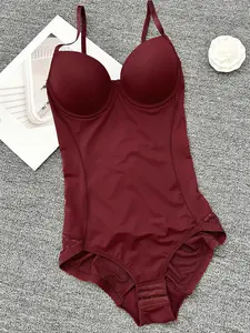 Women's Adjustable Straps Contrast Lace Underwire Shapewear Bodysuit, Regular Fit, All Seasons, Comfortable, Casual & Stylish