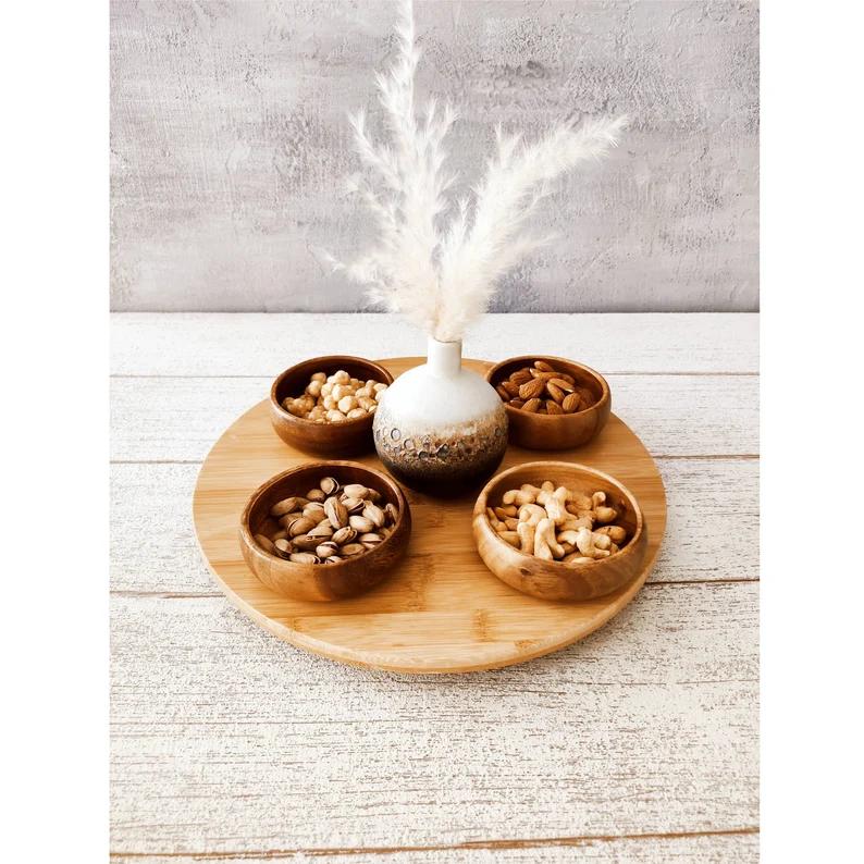 Set Of 4 Wooden Bowls, Acacia Candle Bowl, Acacia Wood Snack Bowl, Carved Wooden Bowl