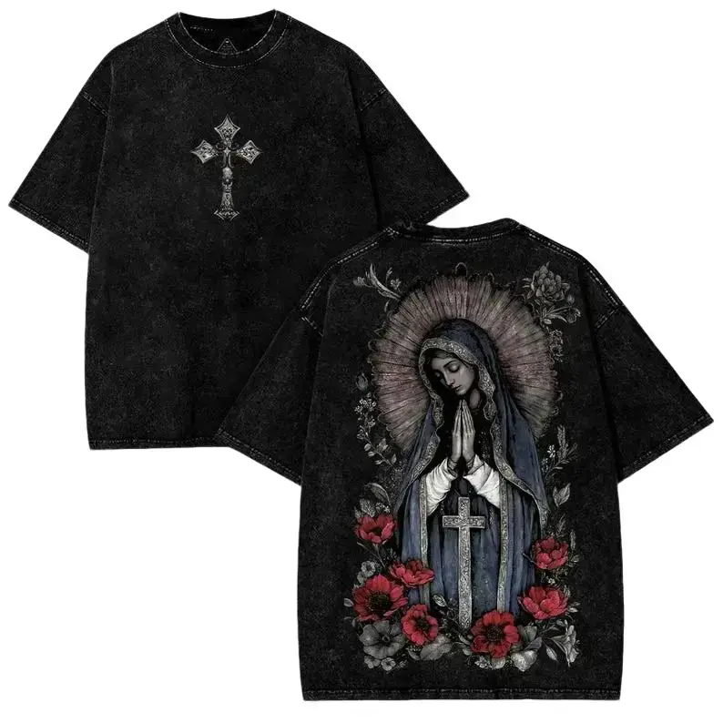Vintage Acid Wash Virgin Mary Graphic Tee. Heavyweight Cotton Oversized T-Shirt for Men & Women's Hip Hop Streetwear & Gym Pump Cover. Unisex Gothic Chicano Art Y2K Retro Catholic Cross Top. Trendy Seamless Religion Faith Gift Casual Everyday Style Fits!
