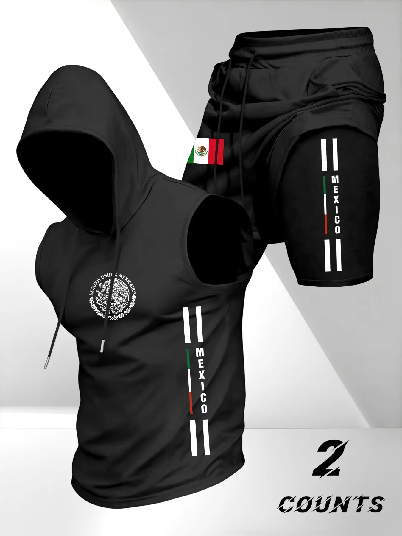 Men's Versatile Fitted Sportswear Set, Sporty Shorts Set, Workout Summer Clothes, 2-Piece Mexican Style, Hooded Sleeveless T-Shirt with Fake Two-Piece Shorts, Casual Daily Wear