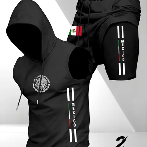 Men's Versatile Fitted Sportswear Set, Sporty Shorts Set, Workout Summer Clothes, 2-Piece Mexican Style, Hooded Sleeveless T-Shirt with Fake Two-Piece Shorts, Casual Daily Wear, Active Outfit