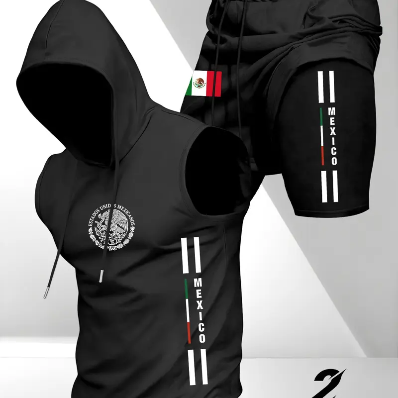 Men's Versatile Fitted Sportswear Set, Sporty Shorts Set, Workout Summer Clothes, 2-Piece Mexican Style, Hooded Sleeveless T-Shirt with Fake Two-Piece Shorts, Casual Daily Wear, Active Outfit