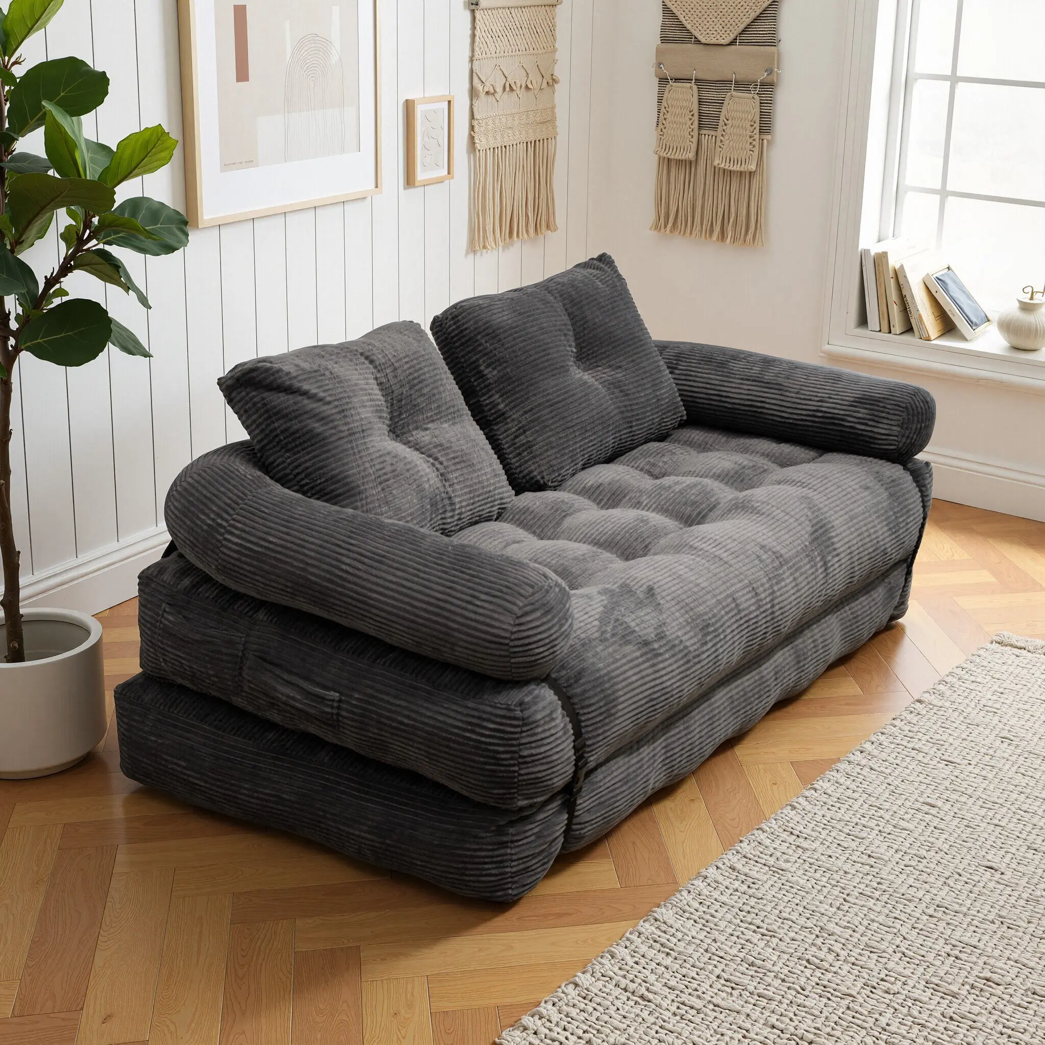QIMENG Convertible Single-Seater Couch - Soft Corduroy Boneless Comfy Couch, Back Support, Pillow, Portable Fold-Out Mattress, Small Space Living Room Indoor Apartment Furniture couches living room