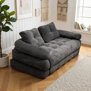 QIMENG Convertible Single-Seater Couch - Soft Corduroy Boneless Comfy Couch, Back Support, Pillow, Portable Fold-Out Mattress, Small Space Living Room Indoor Apartment Furniture couches living room
