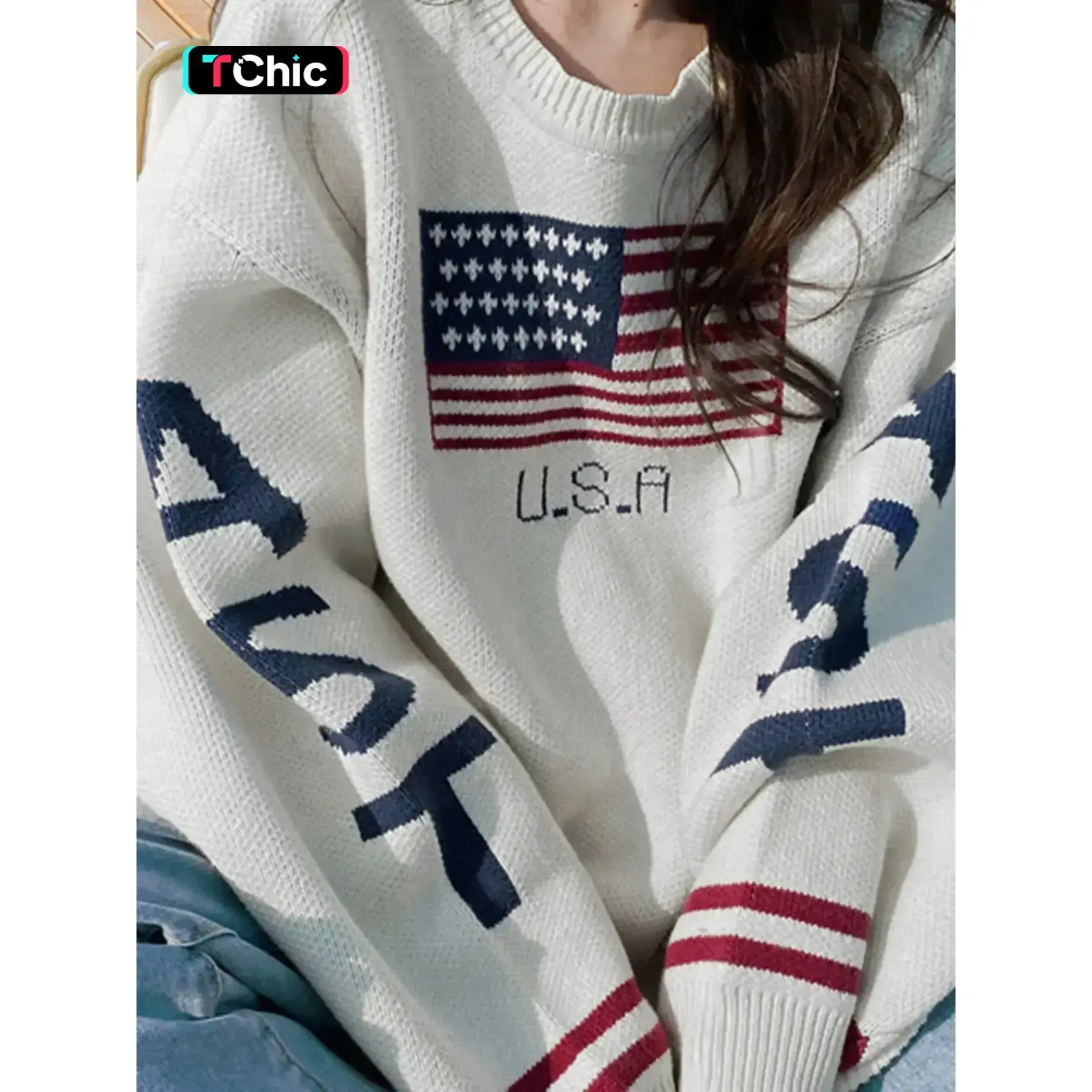 Women's American Flag Knit Sweater, Casual Long Sleeve Crew Neck Pullover for Patriotic Holidays and Daily Wear, All Seasons