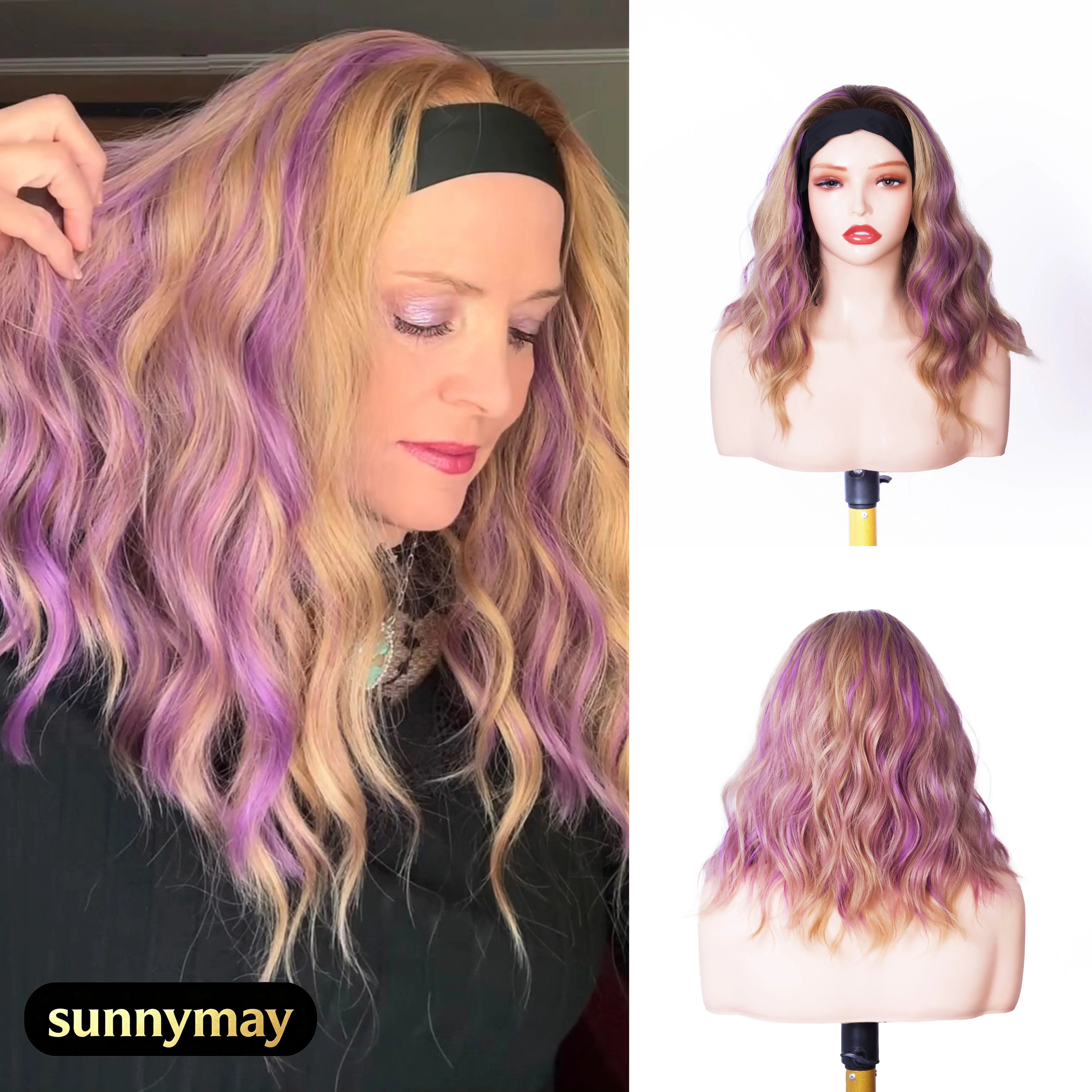 Steffi Sunnymay Women’s Headband Wig, 18-Inch Water Wave Synthetic Wig in Golden Amethyst, Glueless No Glue Hair Wig, Easy Wear Comfortable Fit, Perfect for Daily Looks