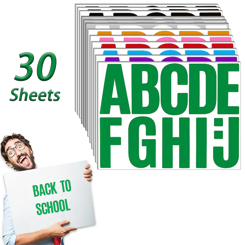 Colorful PVC Alphabet Letter Stickers - 340 Pieces, 30 Large 4-in Sheets, Self-Adhesive, Easy to Apply for Bulletin Boards, School Projects, Card Making, Home Decor