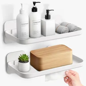 2 Pack Wall Mounted Floating Shelves with Edge Design Small Storage Rack No Drill Adhesive Shelf Floating Bookshelf Damage Free Expanding Wall Space Suitable for Living Room Kitchen Bathroom (White)