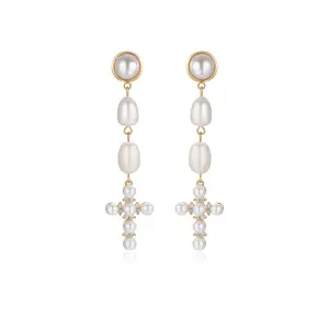 Ettika Pearl Cross Drop Earrings with Pearls and Beads, Simple Design with Elegant Finish
