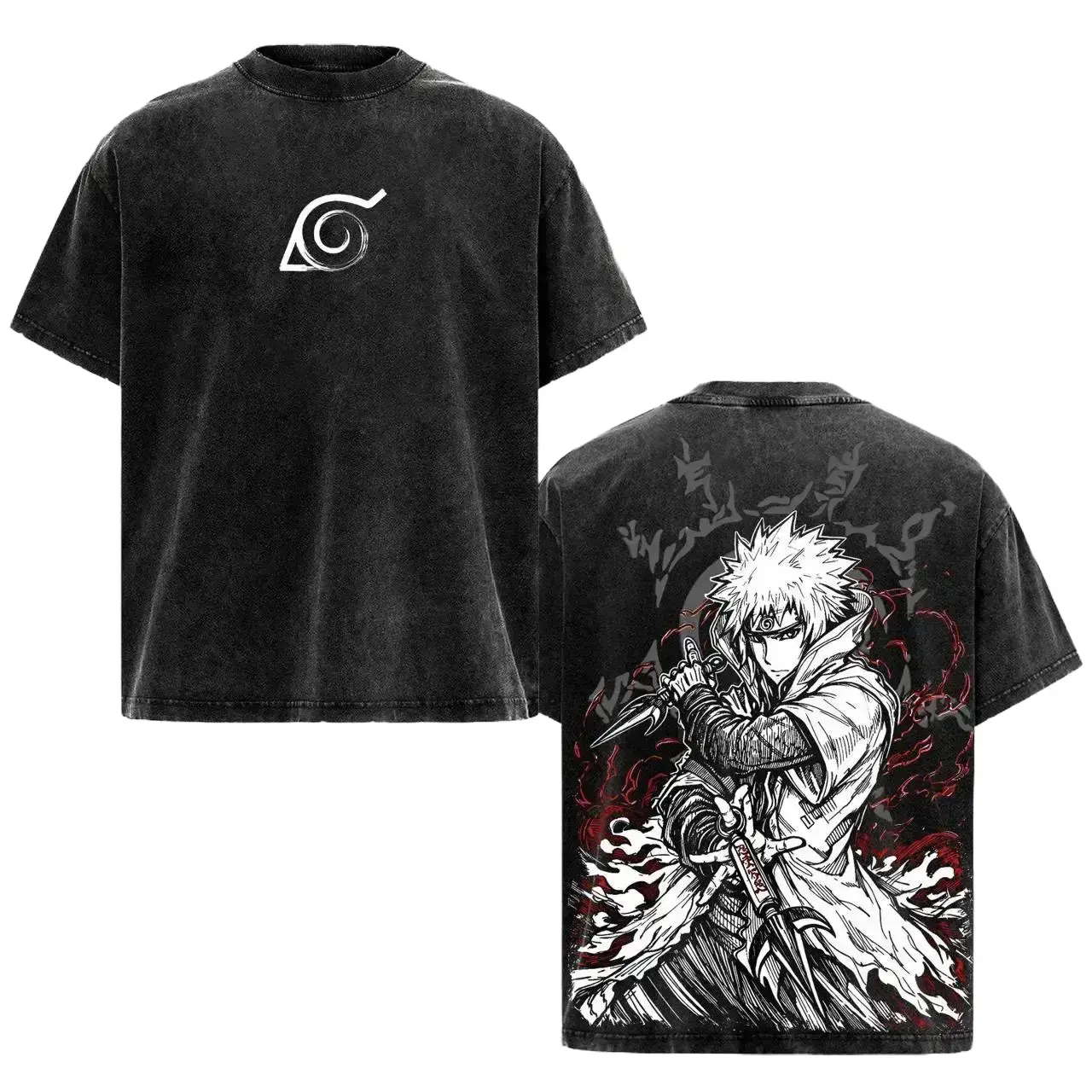 Minato Anime Washed Tee - Naruto Graphic T-Shirt Vintage Acid Wash Oversized Streetwear for Men Yellow Flash Aesthetic Trendy Otaku Apparel Japanese Ninja Manga Clothing Retro Faded Top Casual Everyday Wear Cosplay Anime Fan Gifts Epic Y2K Style