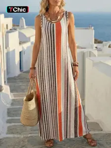 Women's Vertical Stripe Sleeveless Maxi Dress, Crew Neck, Side Seam Pockets, Full Length, Soft Drapey Breathable Knit Fabric, Casual Daily, Beach Vacation & Weekend Getaway Wear, Relaxed Casual Vacation Style, Womenswear  1 Piece, Striped